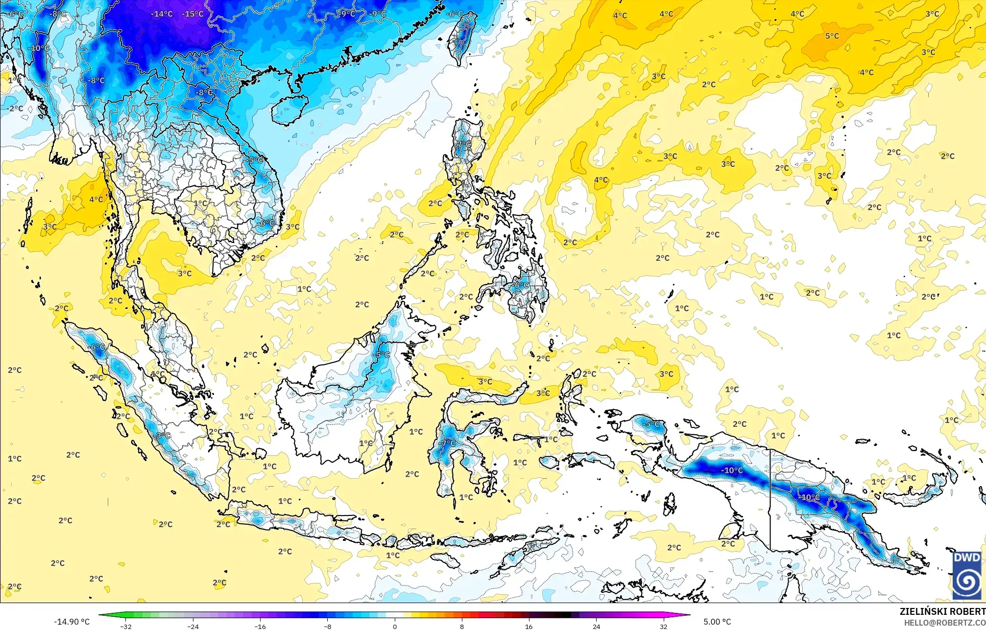 ICON modelo - Sudeste Asiático, Anomalia de temperatura a 850 hPa
