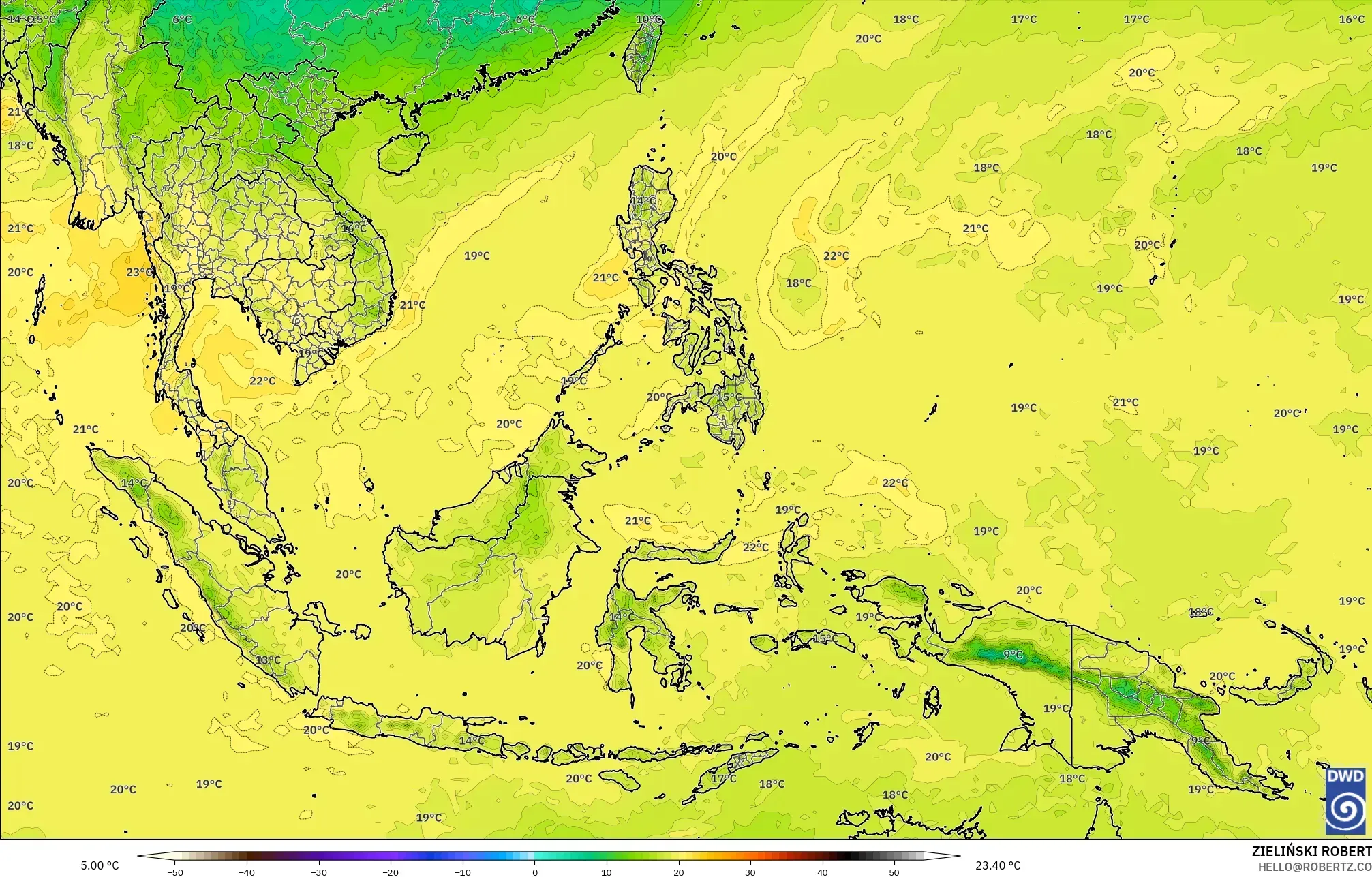 ICON modelo - Sudeste Asiático, Temperatura a 850 hPa