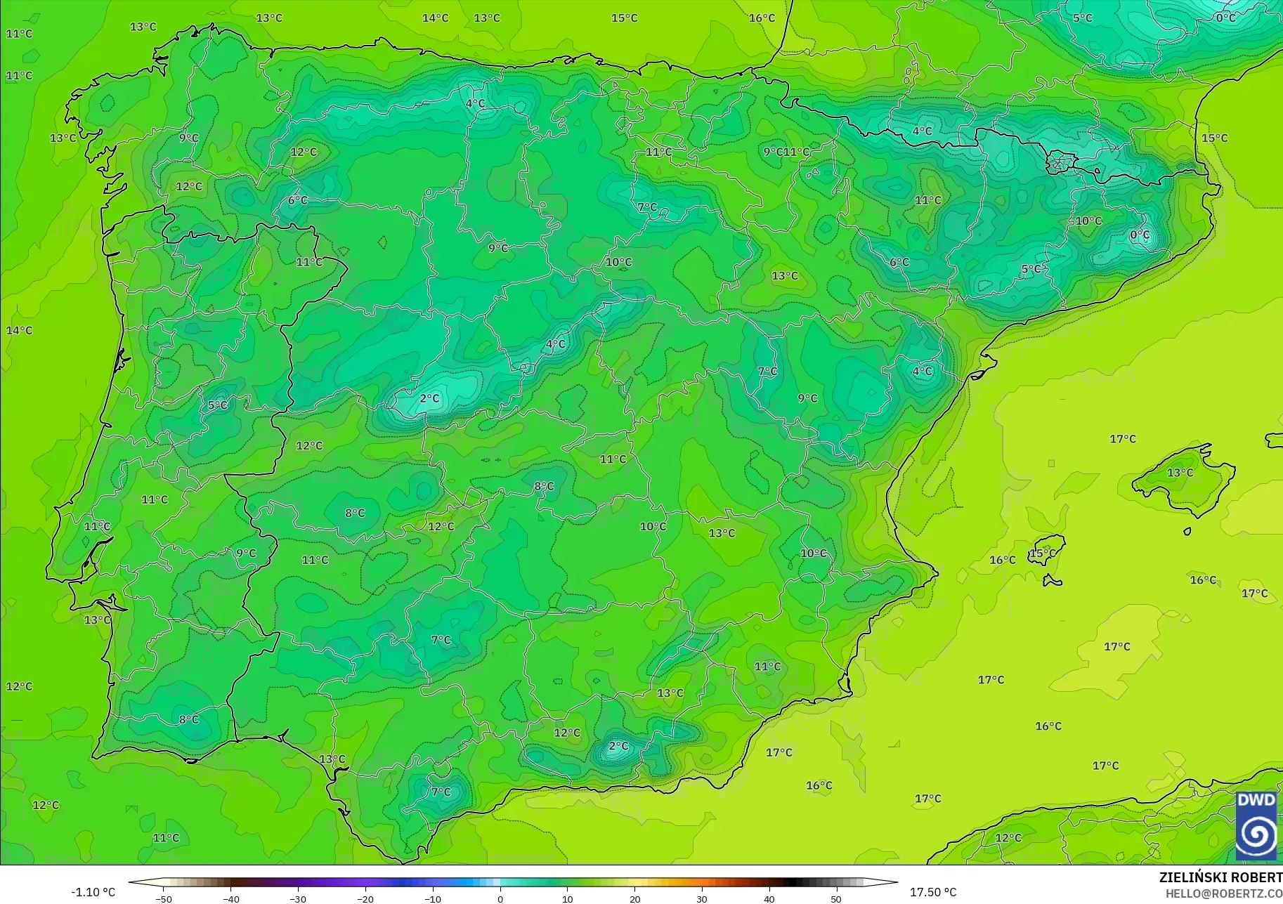 ICON modelo - Espanha, Ponto de orvalho a 2 m