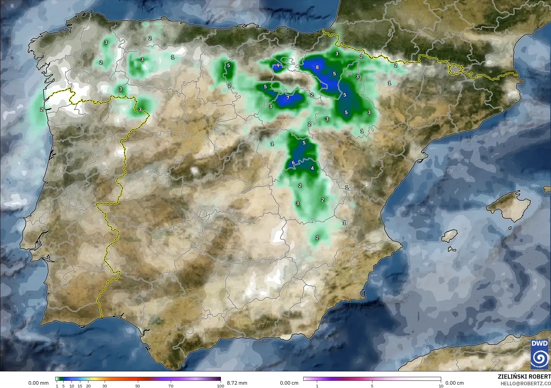 ICON modelo - Espanha, Precipitação, nuvens e pressão