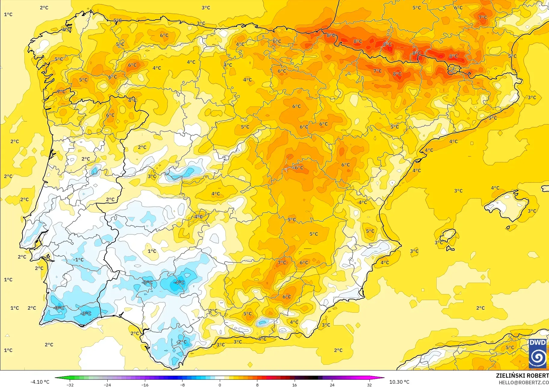 ICON modelo - Espanha, Anomalia de temperatura a 2 m