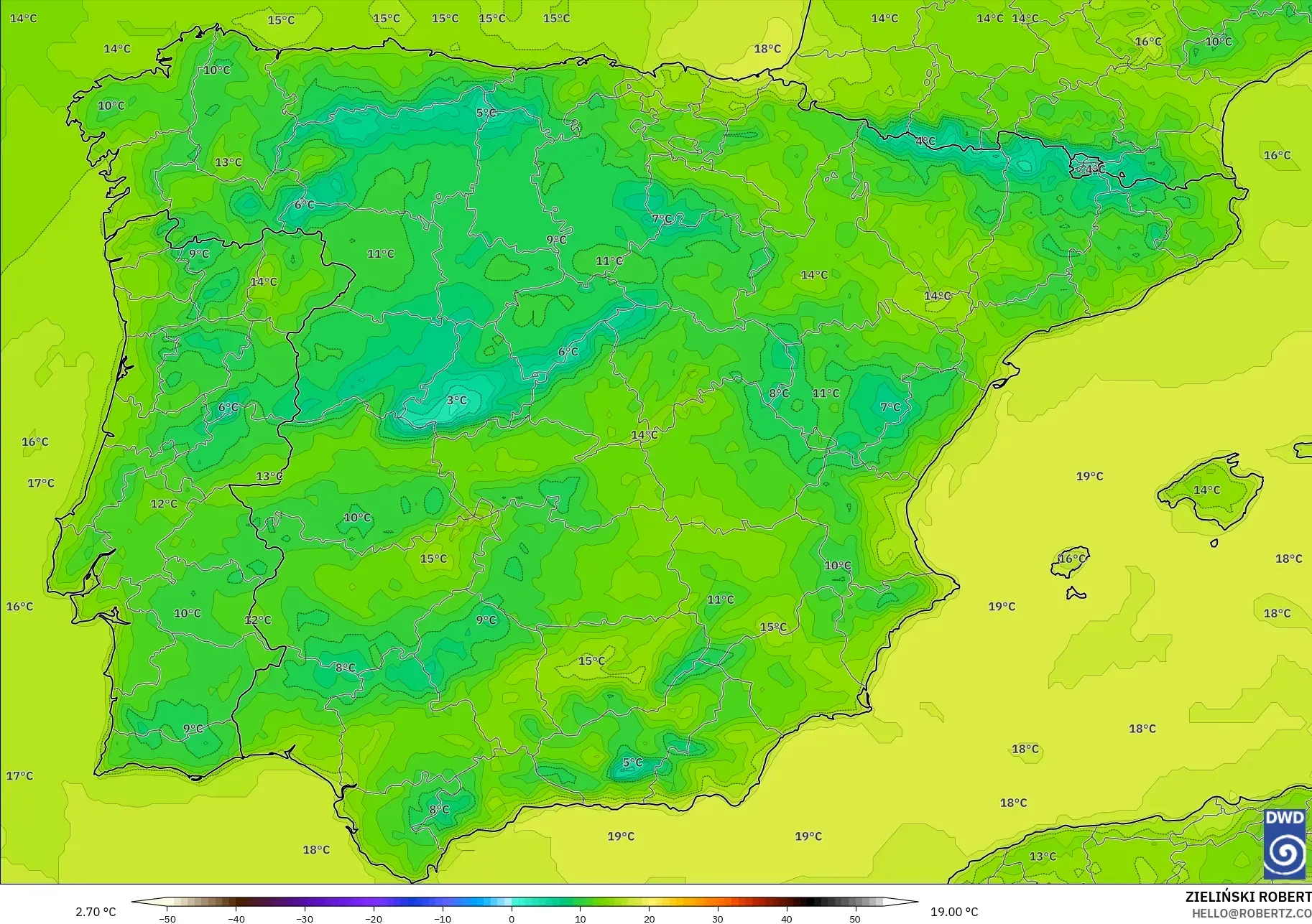 ICON modelo - Espanha, Temperatura a 2 m