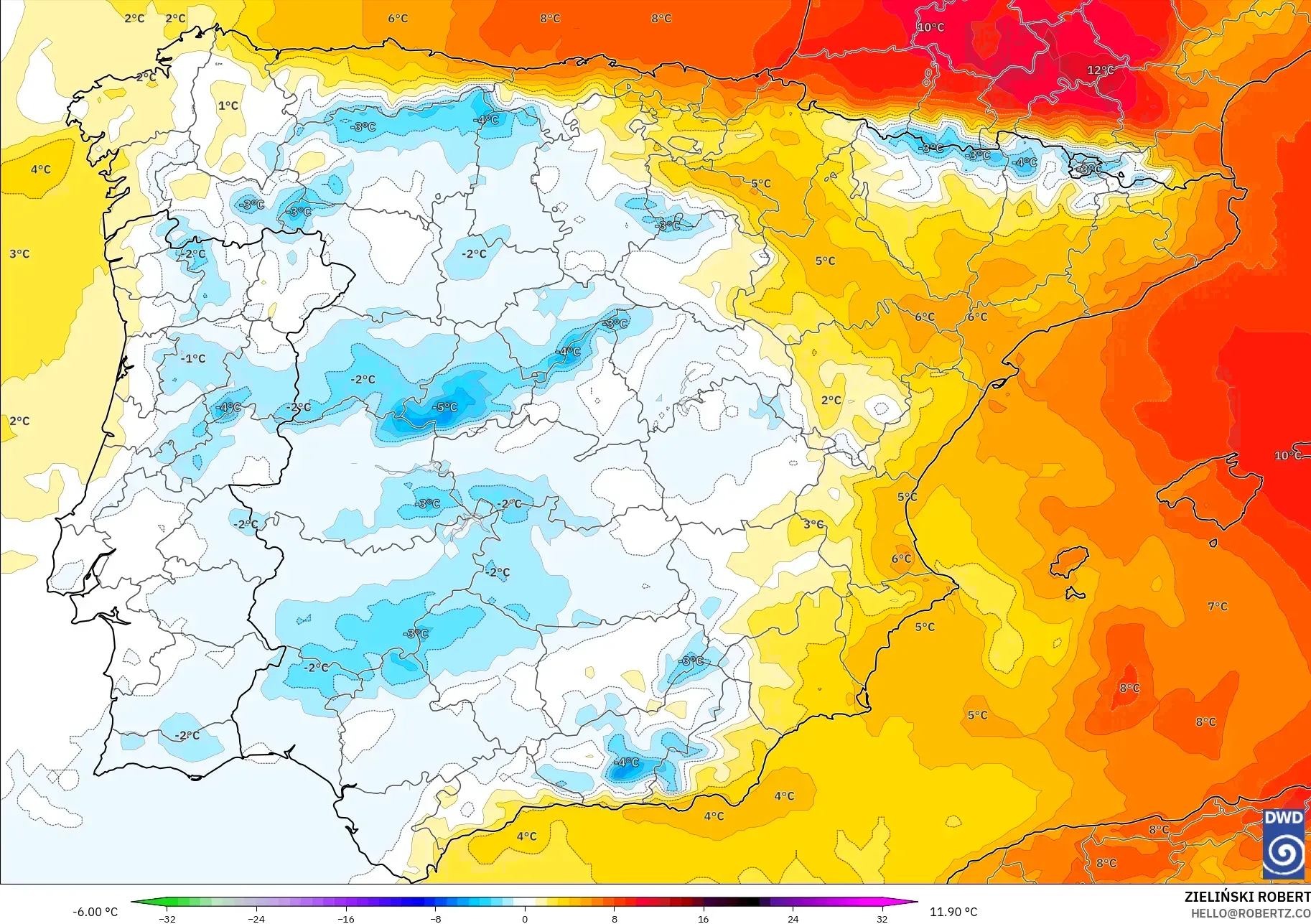ICON modelo - Espanha, Anomalia de temperatura a 850 hPa