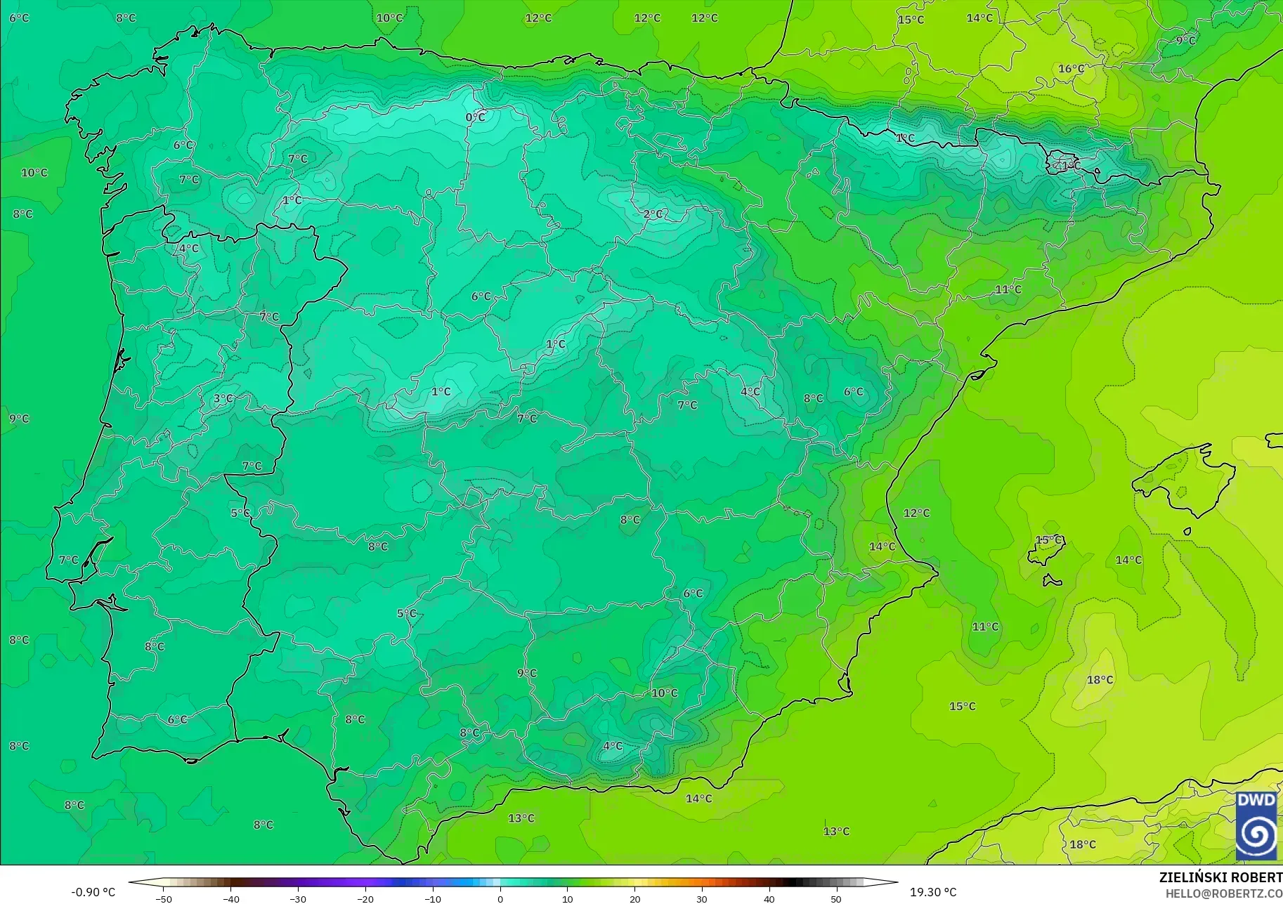 ICON modelo - Espanha, Temperatura a 850 hPa