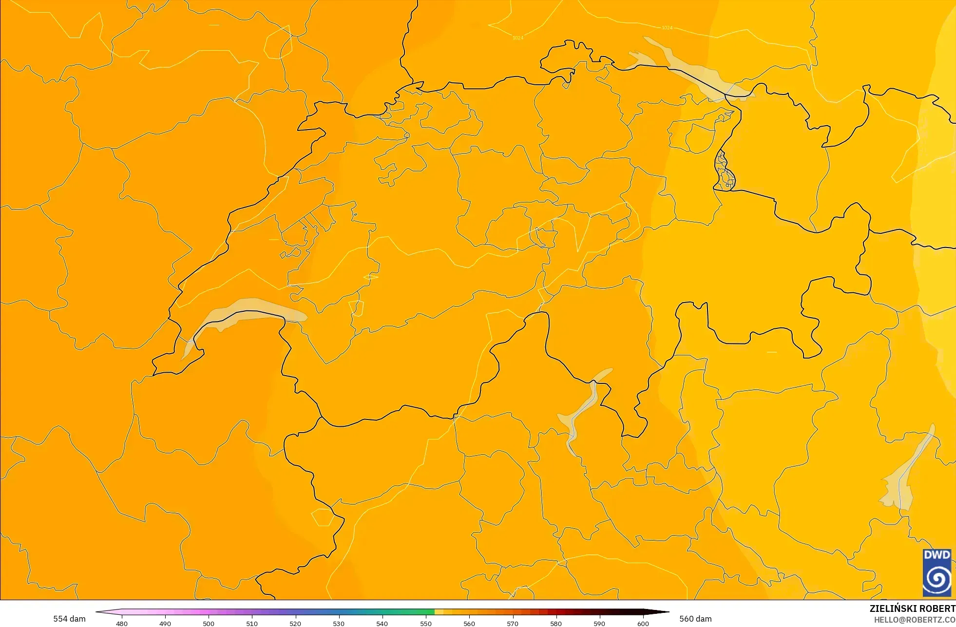 ICON modelo - Suíça, Altura geopotencial a 500 hPa