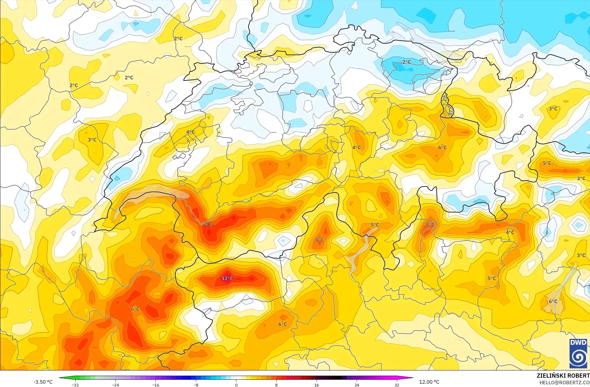 ICON modelo - Suíça, Anomalia de temperatura a 2 m