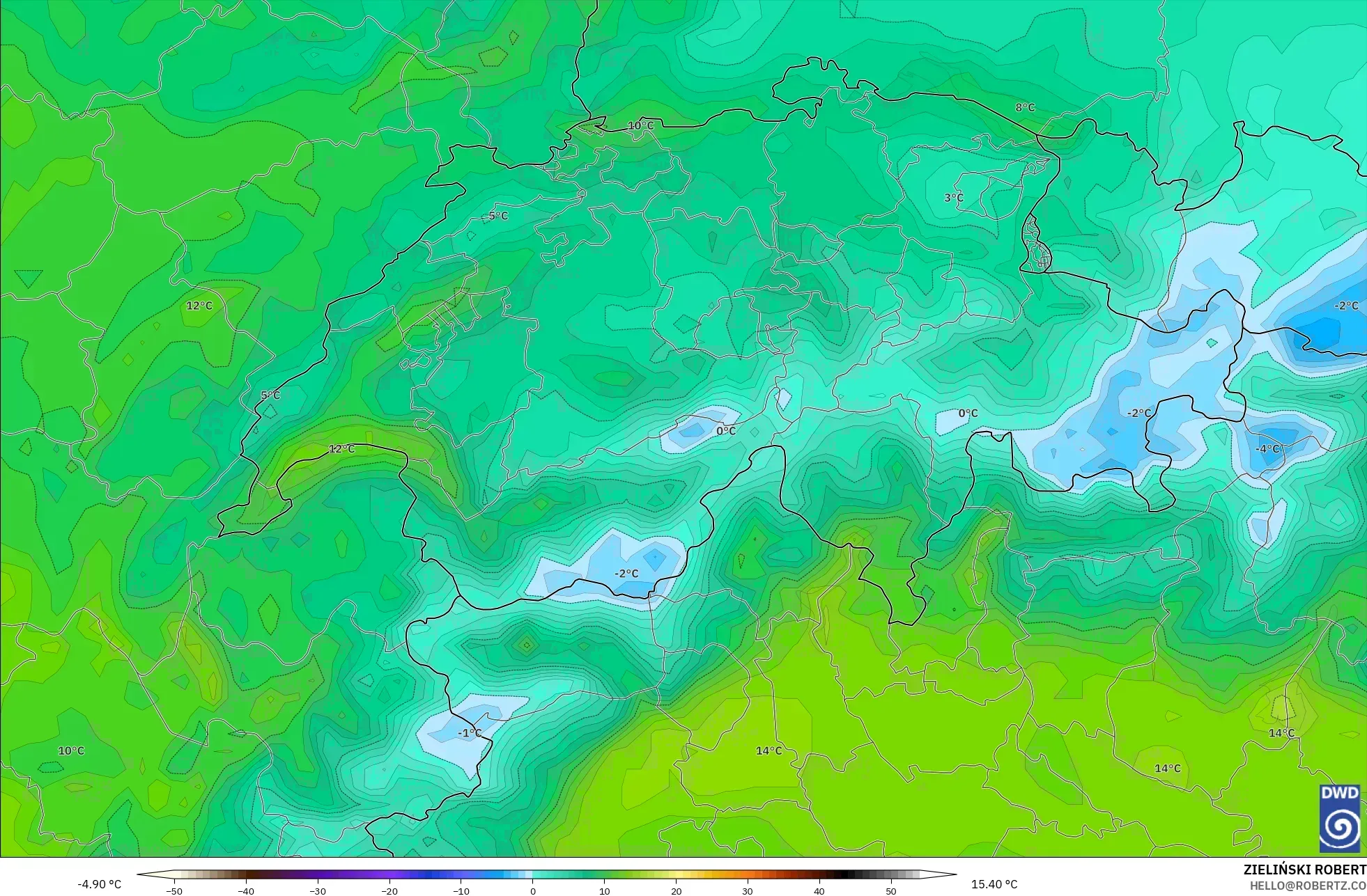 ICON modelo - Suíça, Temperatura a 2 m