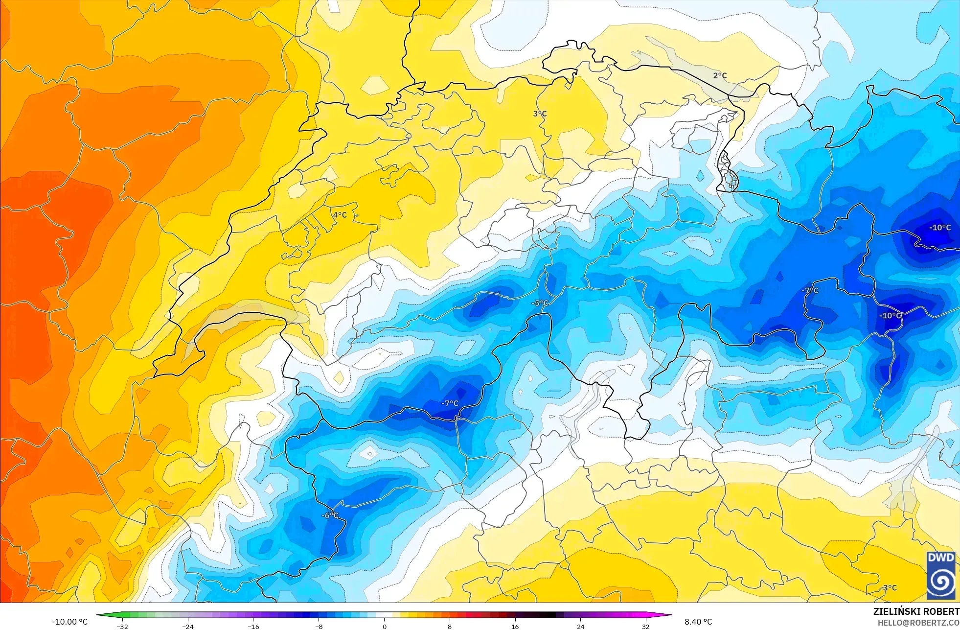 ICON modelo - Suíça, Anomalia de temperatura a 850 hPa