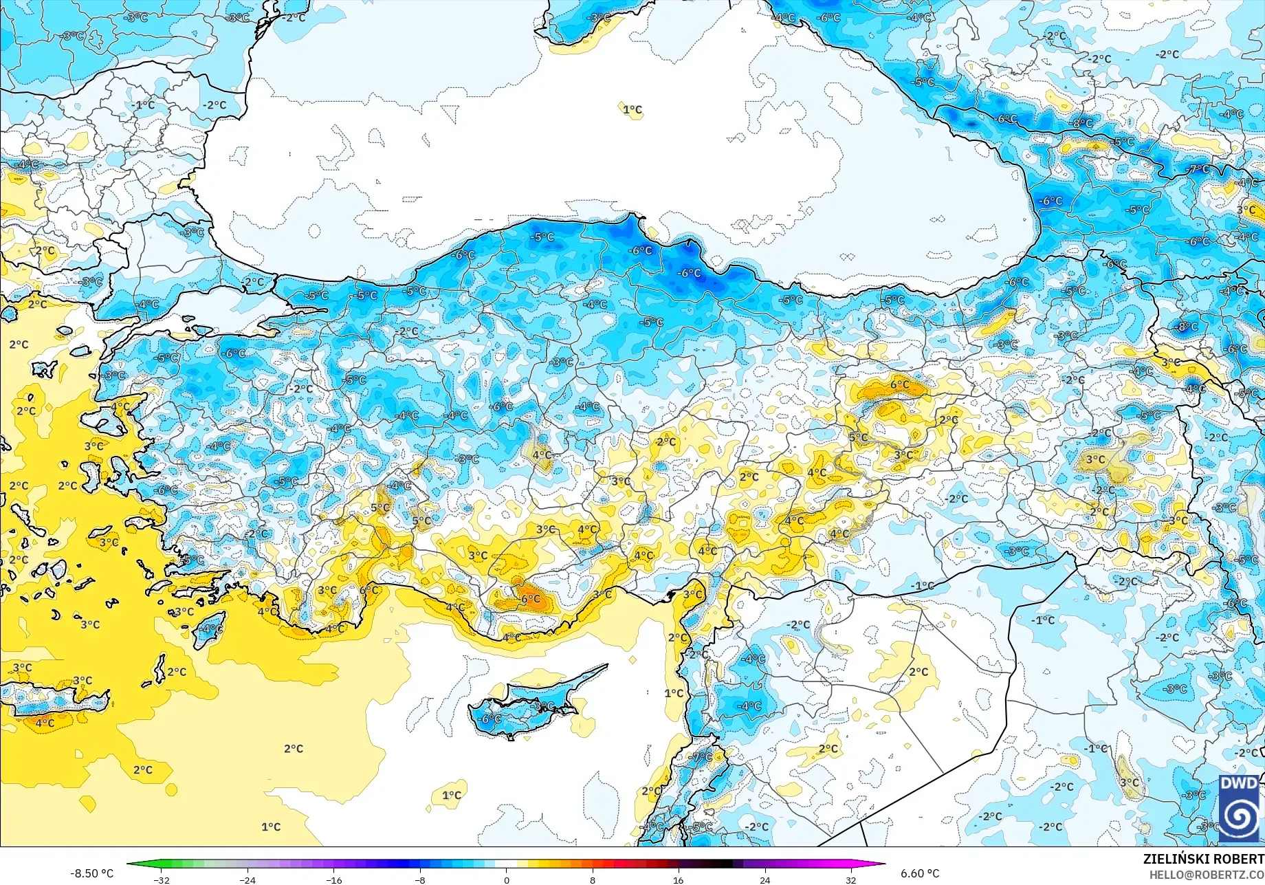 ICON modelo - Turquia, Anomalia de temperatura a 2 m