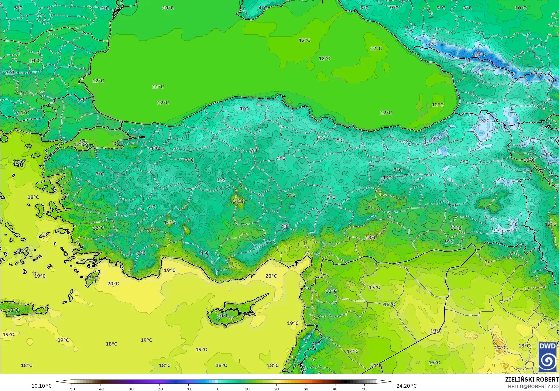ICON modelo - Turquia, Temperatura a 2 m