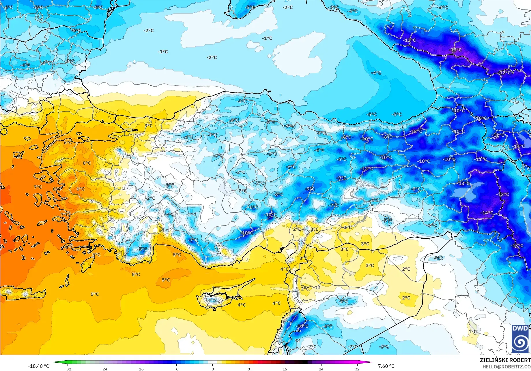 ICON modelo - Turquia, Anomalia de temperatura a 850 hPa