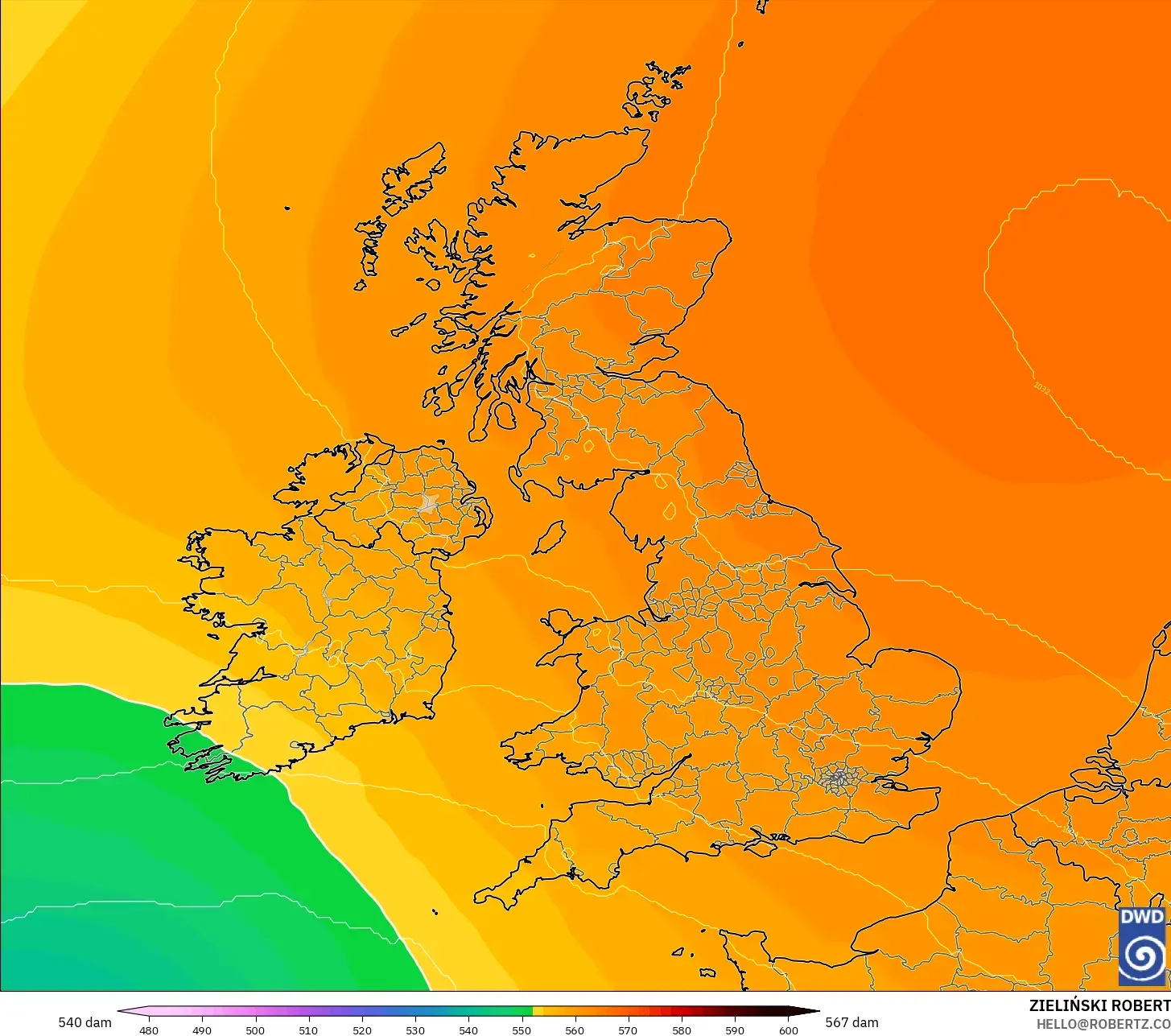 ICON modelo - Reino Unido, Altura geopotencial a 500 hPa