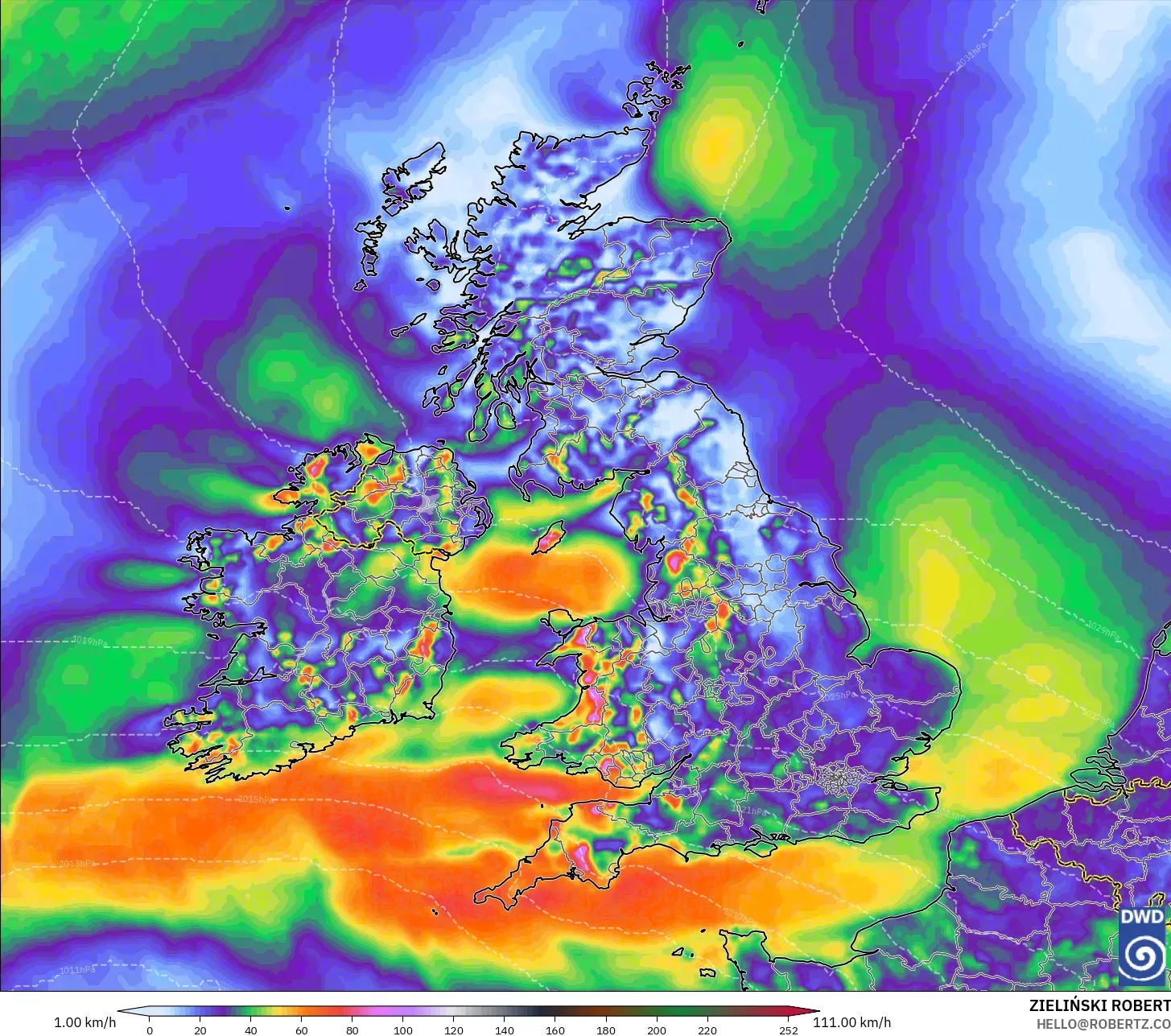 ICON modelo - Reino Unido, Rajadas de Vento Máximas
