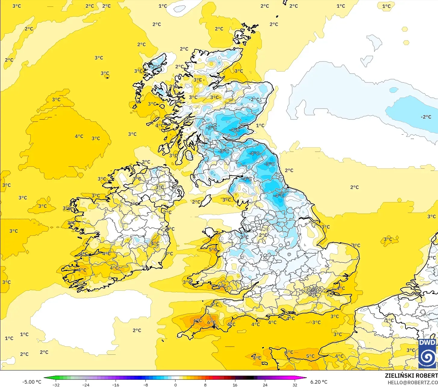 ICON modelo - Reino Unido, Anomalia de temperatura a 2 m