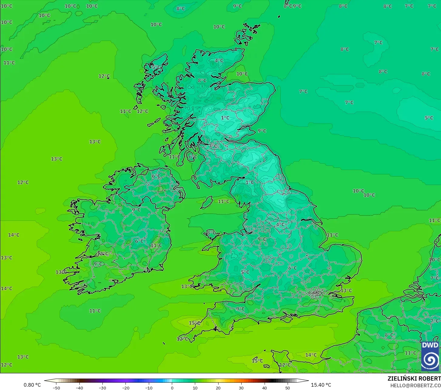 ICON modelo - Reino Unido, Temperatura a 2 m