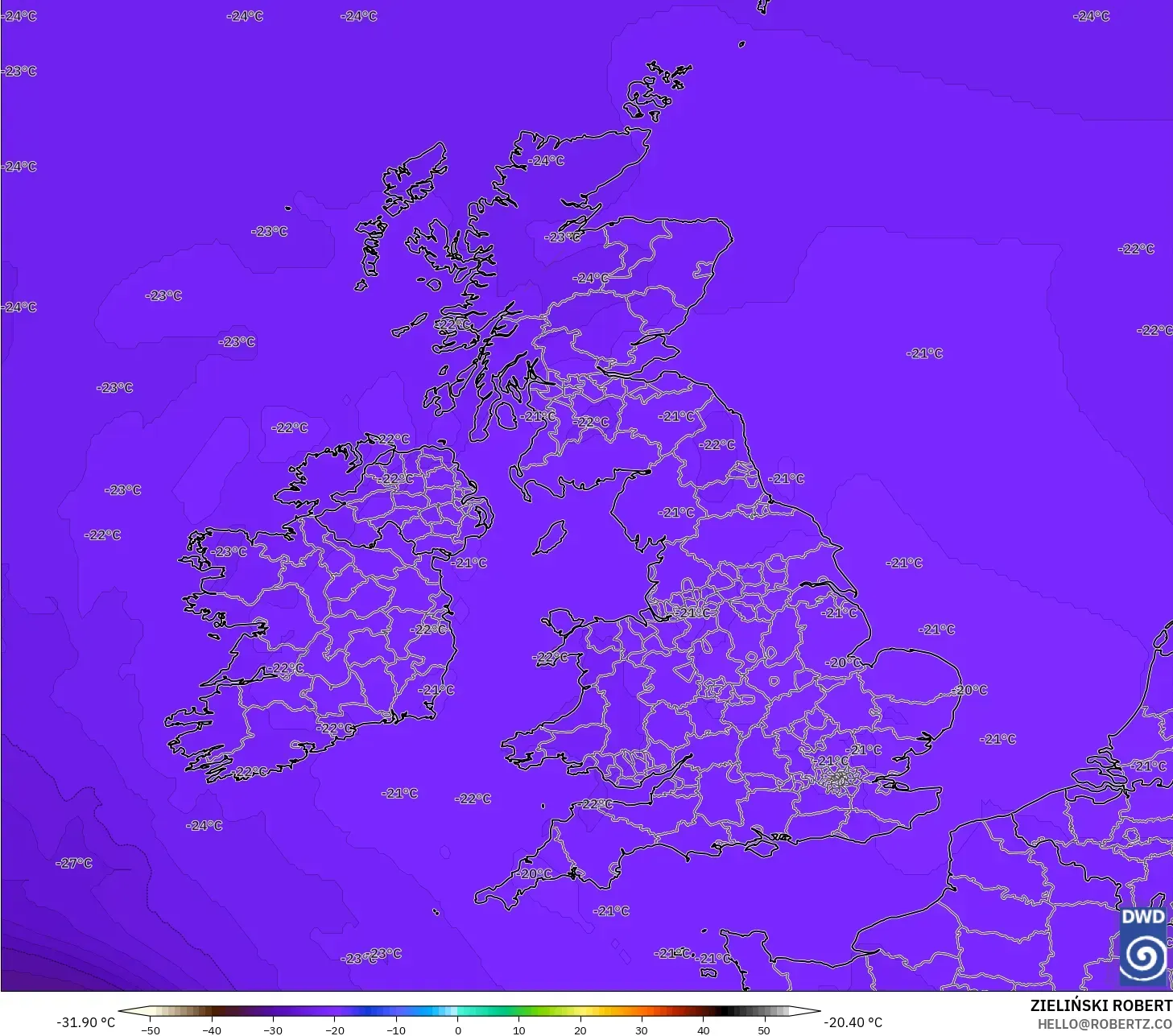 ICON modelo - Reino Unido, Temperatura a 500 hPa