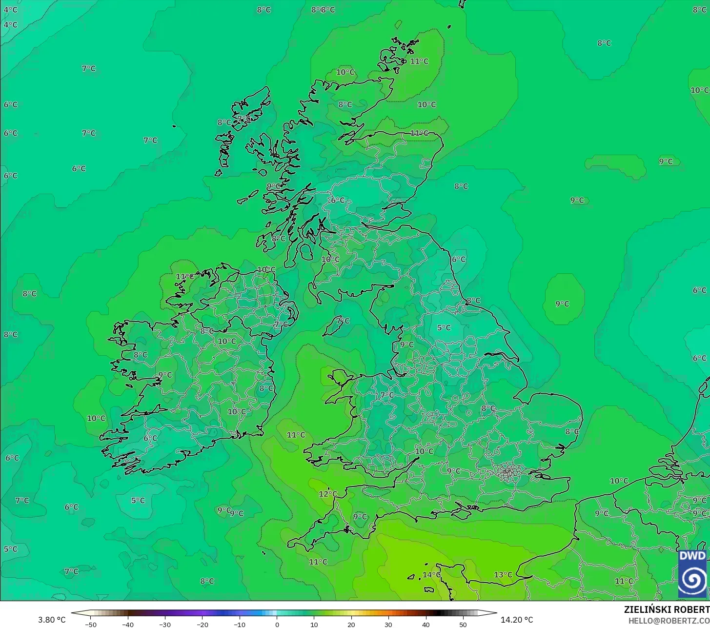 ICON modelo - Reino Unido, Temperatura a 850 hPa