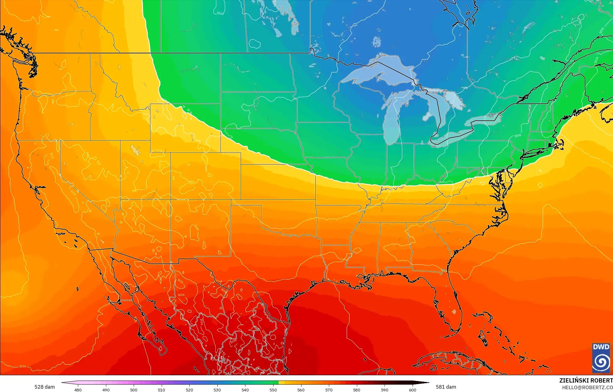 ICON modelo - Estados Unidos, Altura geopotencial a 500 hPa