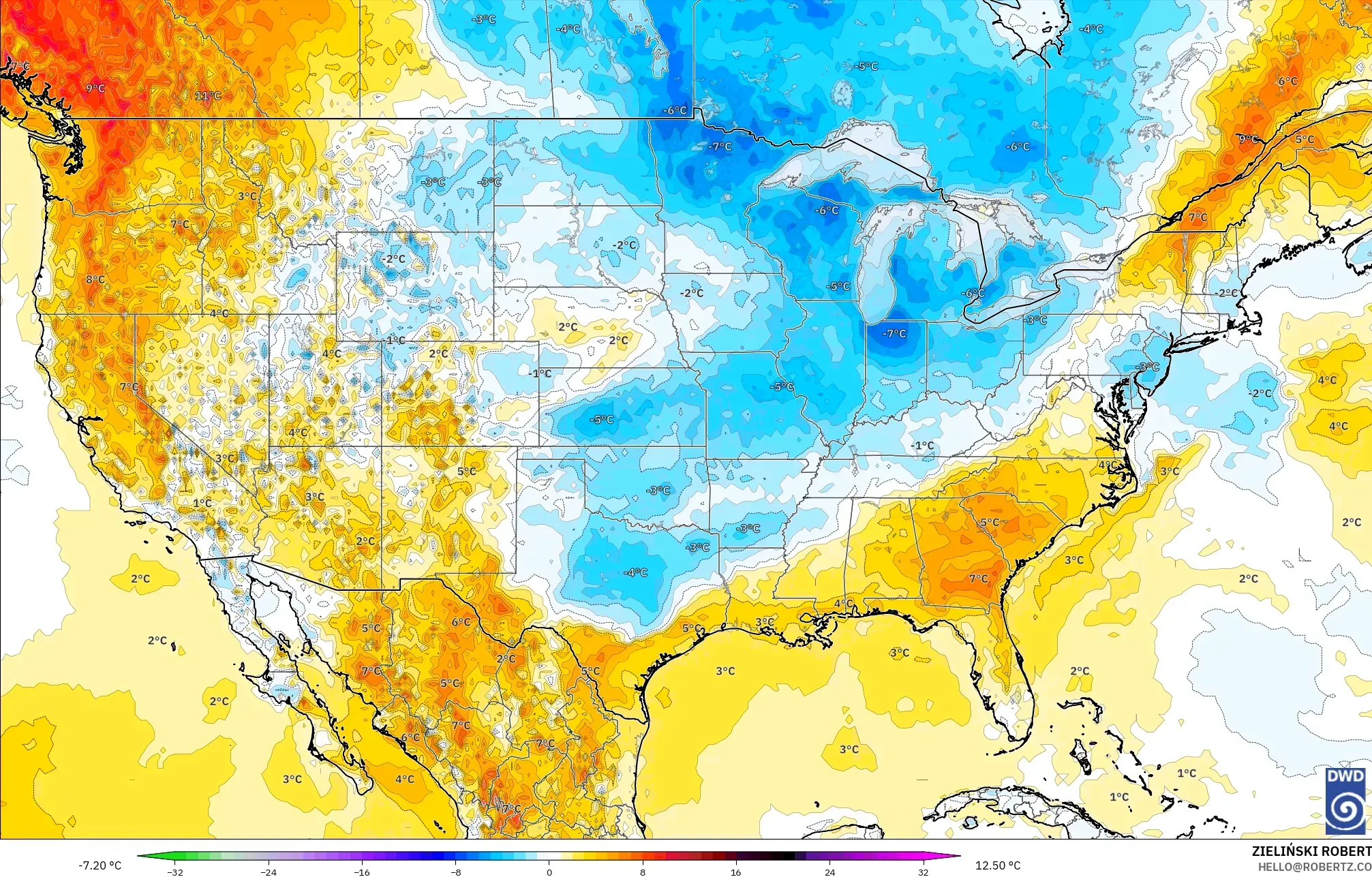ICON modelo - Estados Unidos, Anomalia de temperatura a 2 m