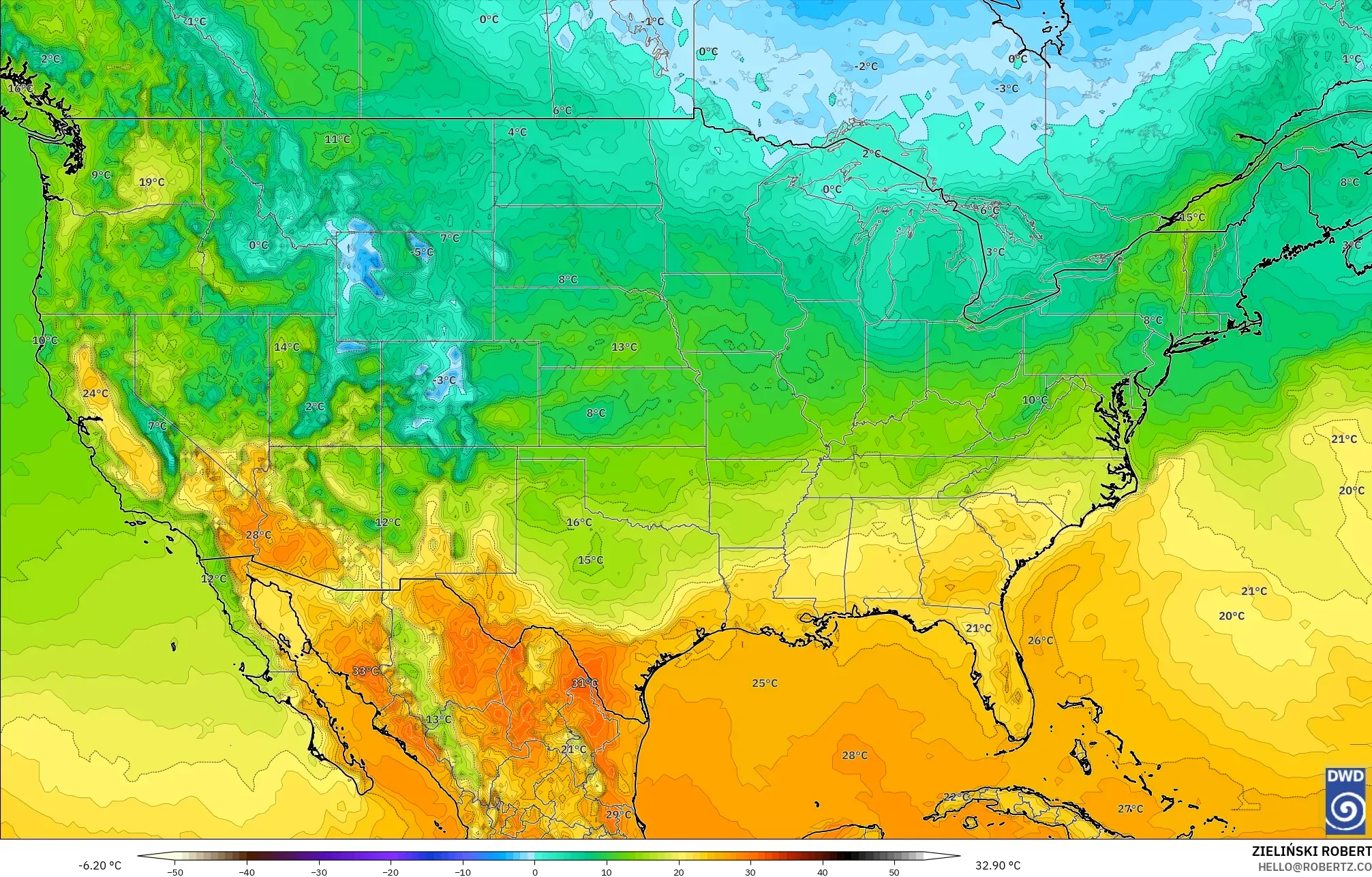 ICON modelo - Estados Unidos, Temperatura a 2 m
