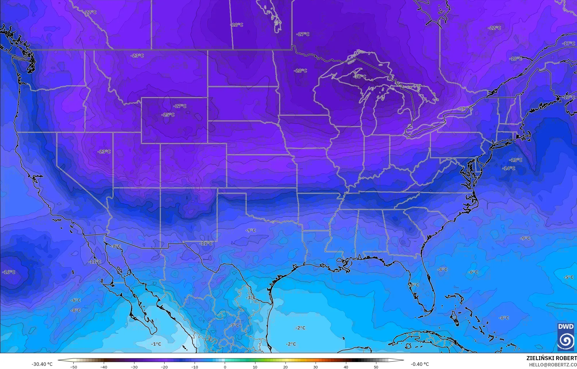 ICON modelo - Estados Unidos, Temperatura a 500 hPa