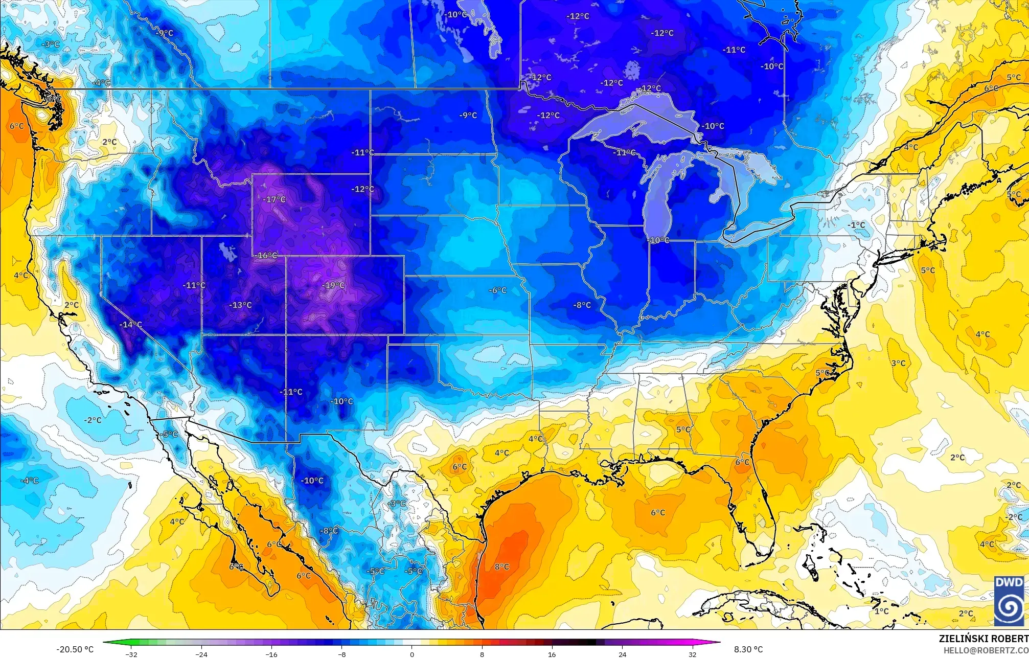 ICON modelo - Estados Unidos, Anomalia de temperatura a 850 hPa