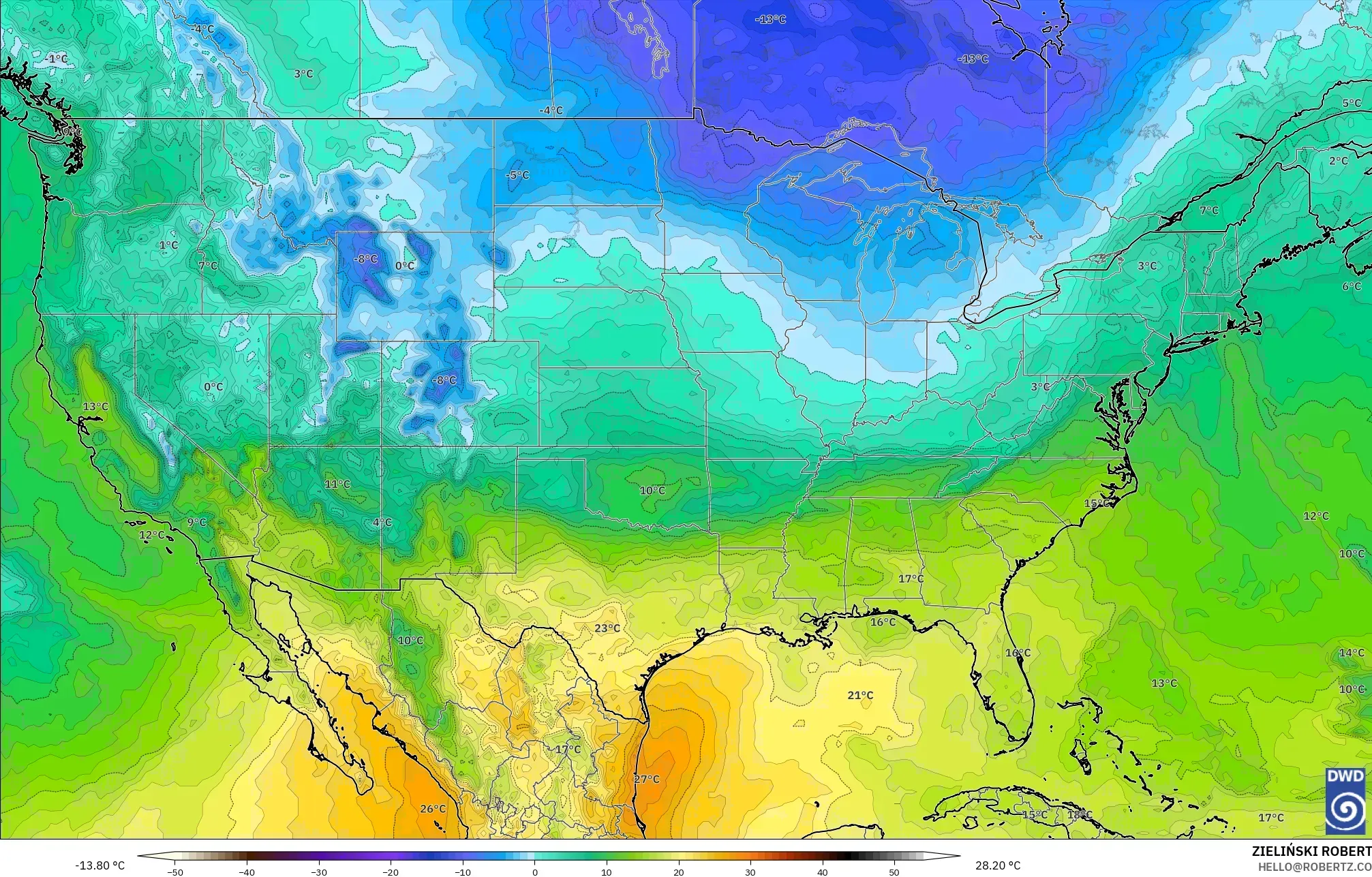 ICON modelo - Estados Unidos, Temperatura a 850 hPa