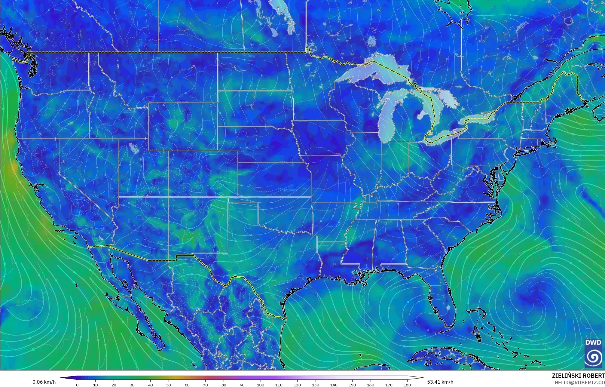 ICON modelo - Estados Unidos, Vento a 10 m