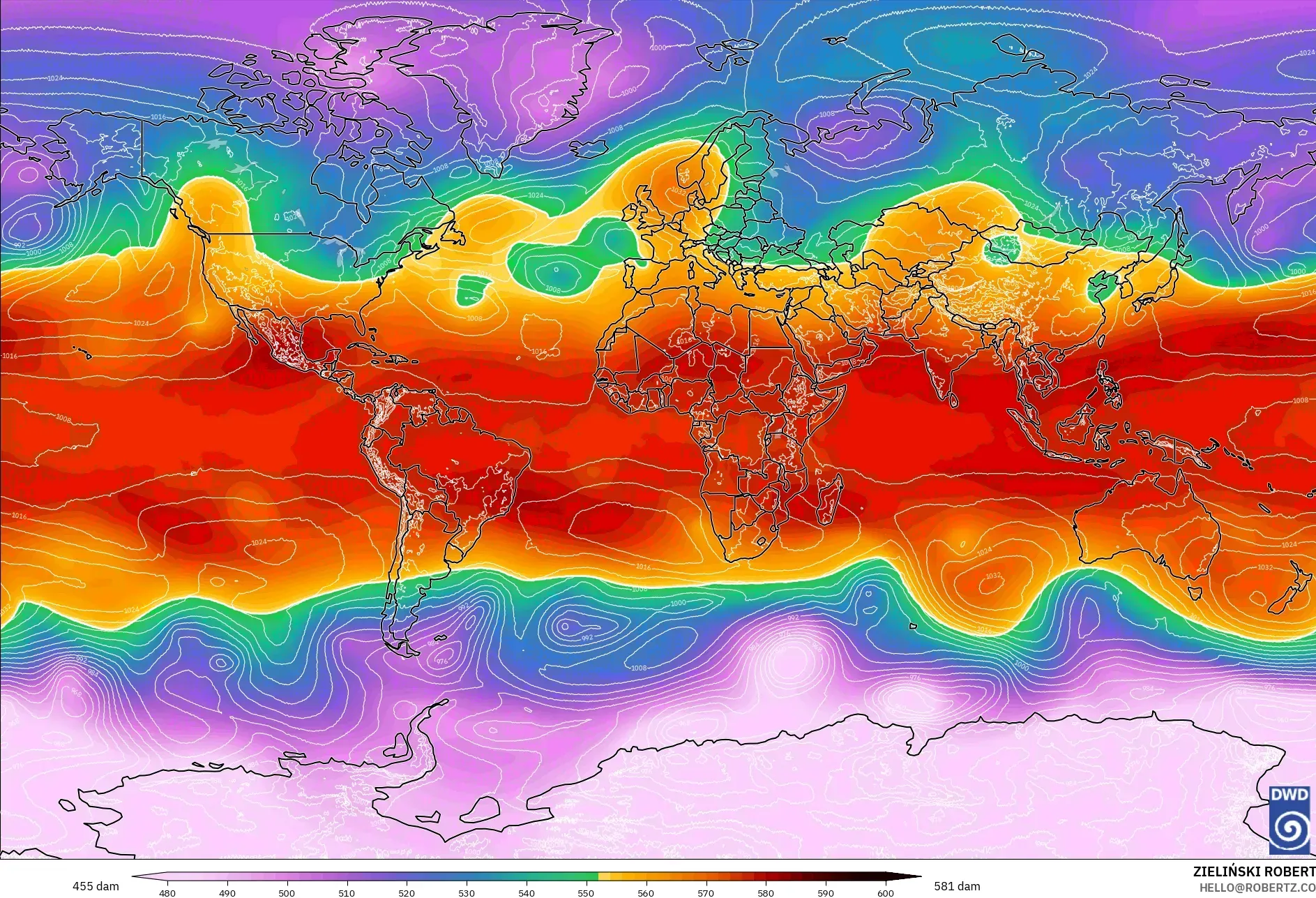 ICON modelo - Mundo, Altura geopotencial a 500 hPa