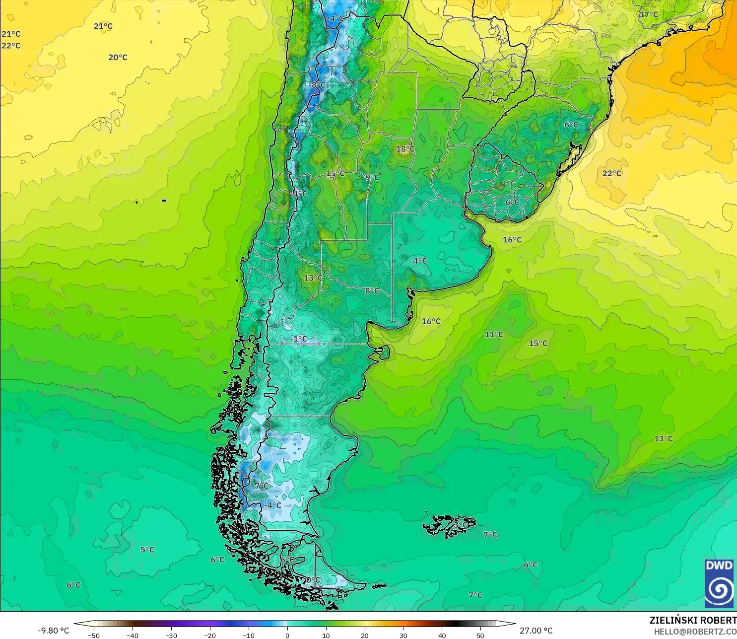 ICON modelo - Argentina, Temperatura a 2 m