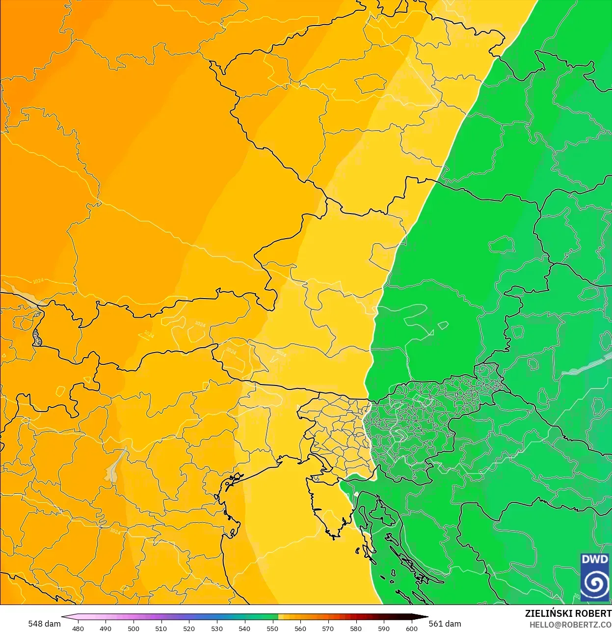 ICON modelo - Áustria, Altura geopotencial a 500 hPa
