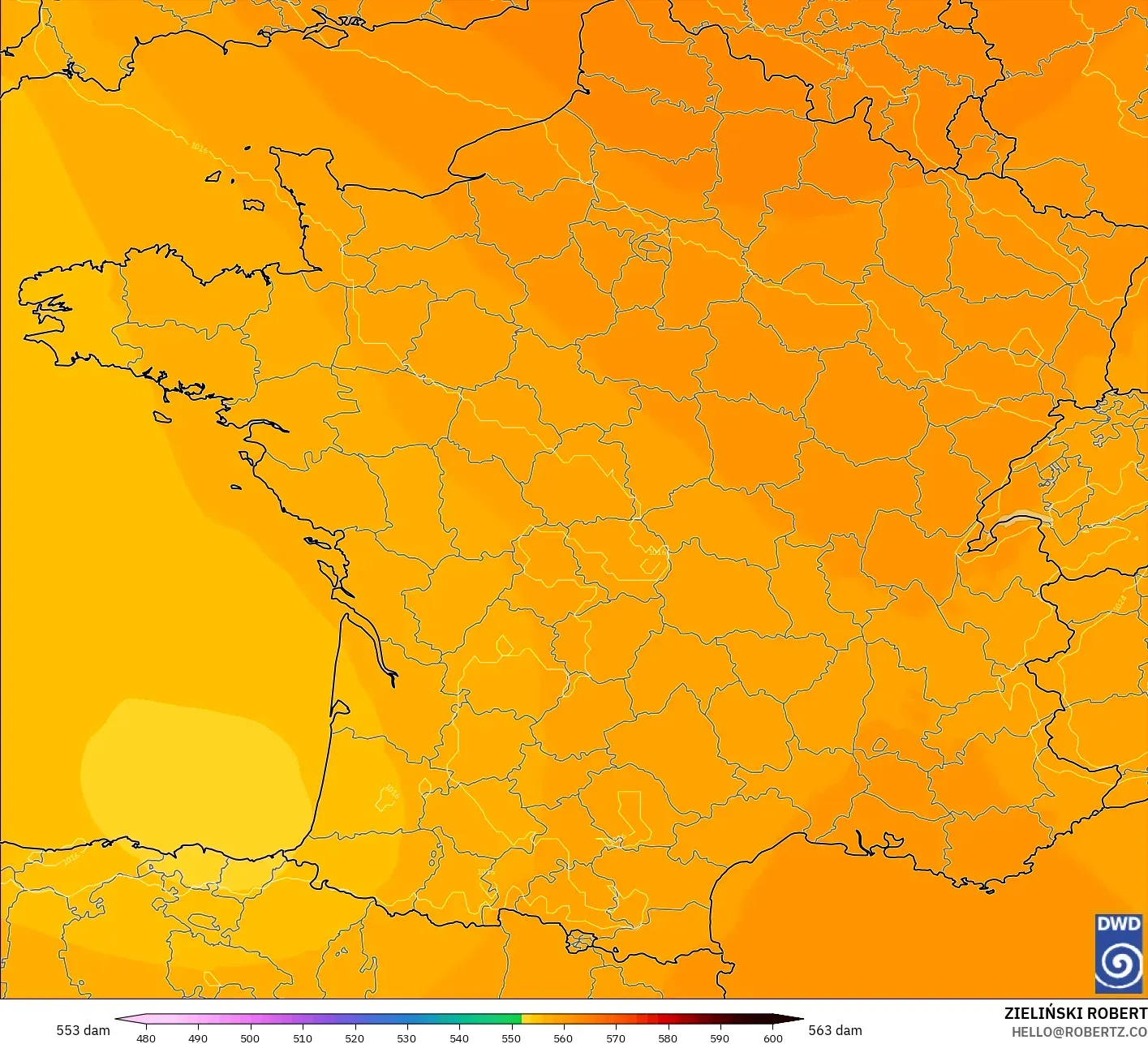 ICON modelo - França, Altura geopotencial a 500 hPa