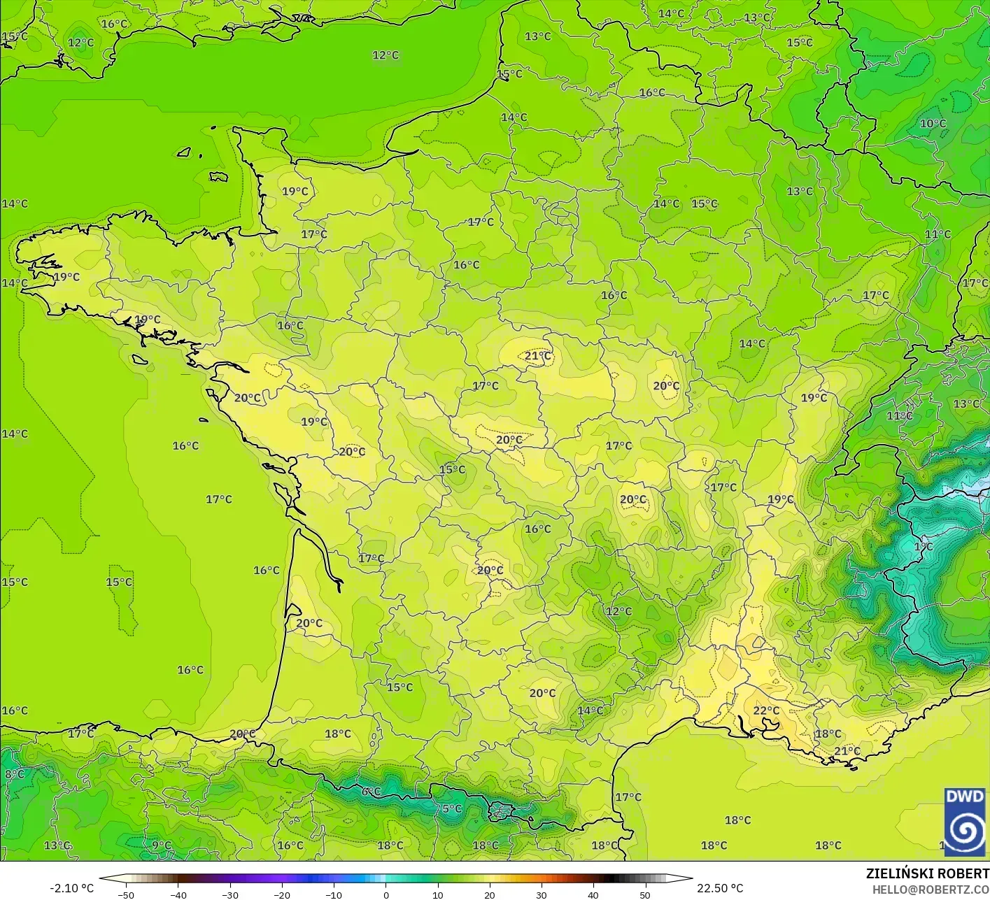 ICON modelo - França, Temperatura a 2 m