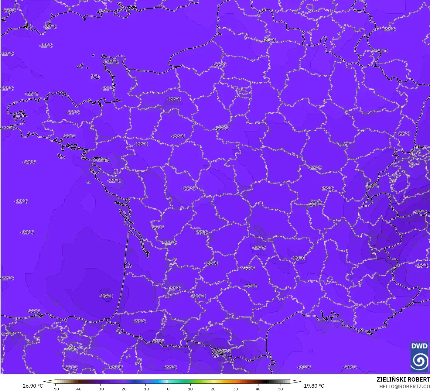 ICON modelo - França, Temperatura a 500 hPa