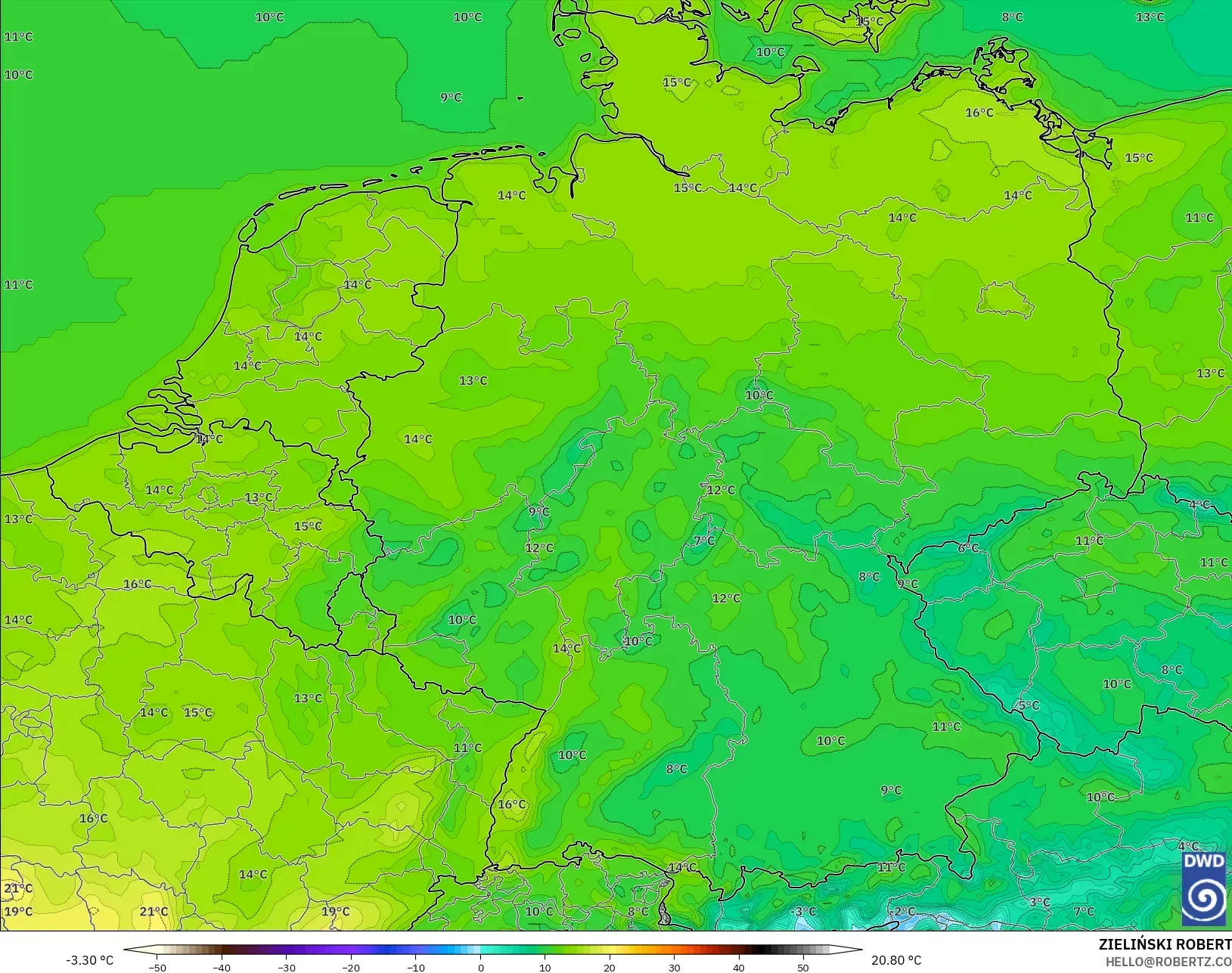 ICON modelo - Alemanha, Temperatura a 2 m