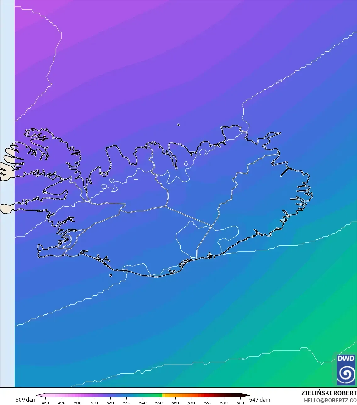 ICON modelo - Islândia, Altura geopotencial a 500 hPa