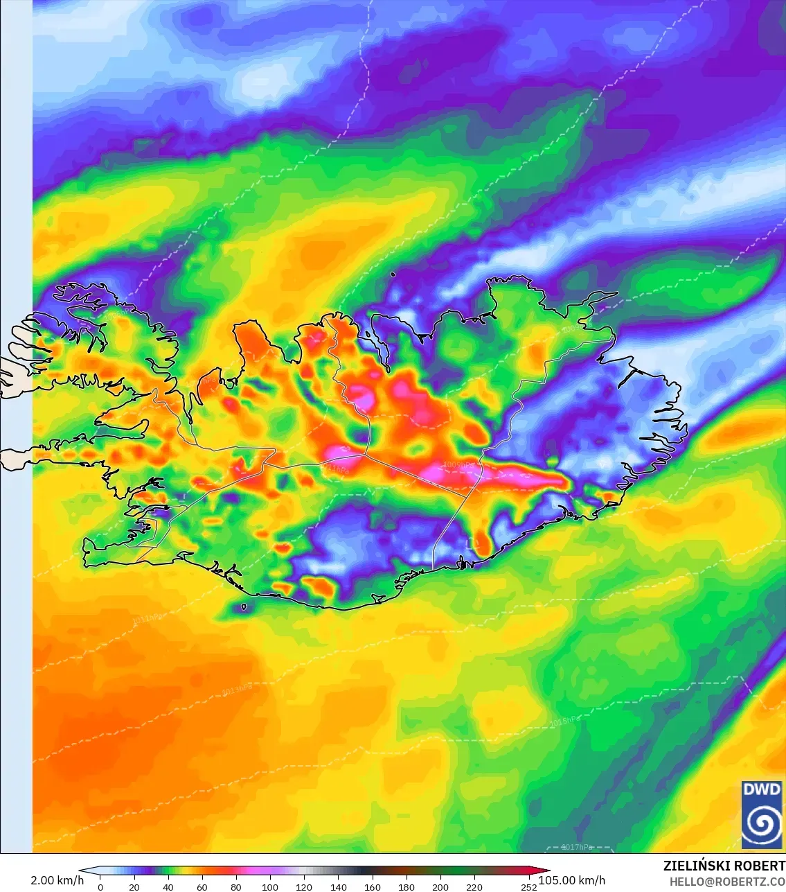 ICON modelo - Islândia, Rajadas de vento