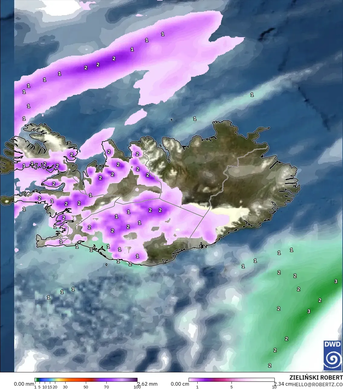 ICON modelo - Islândia, Precipitação, nuvens e pressão
