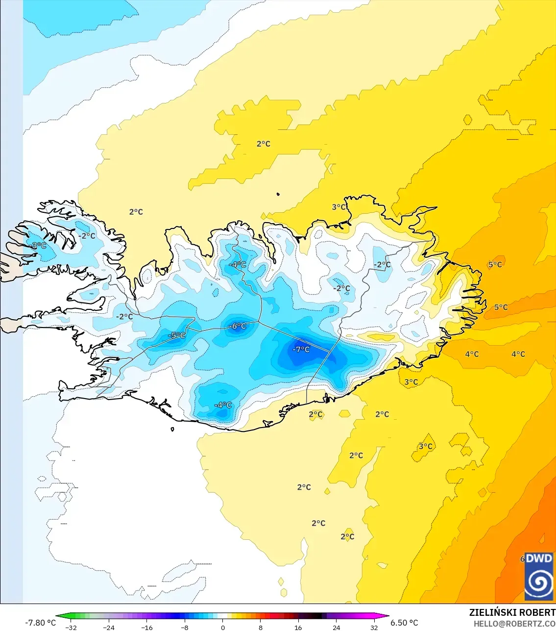 ICON modelo - Islândia, Anomalia de temperatura a 850 hPa