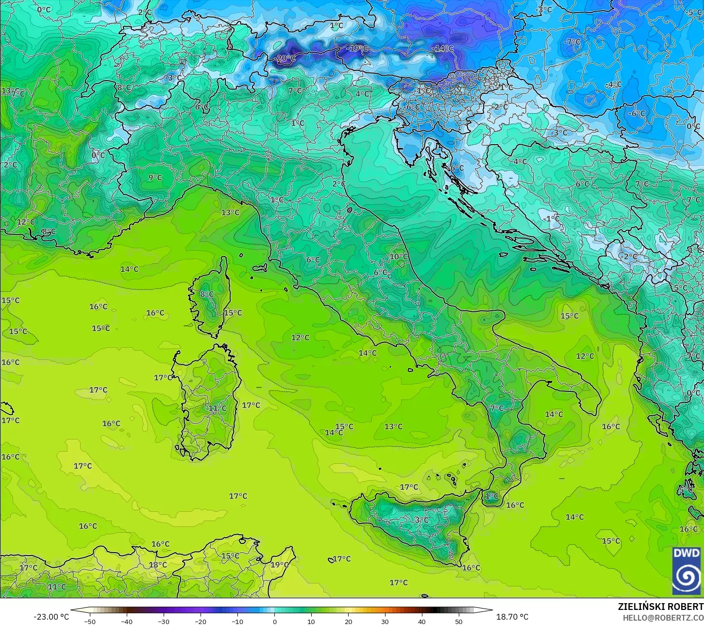 ICON modelo - Itália, Ponto de orvalho a 2 m