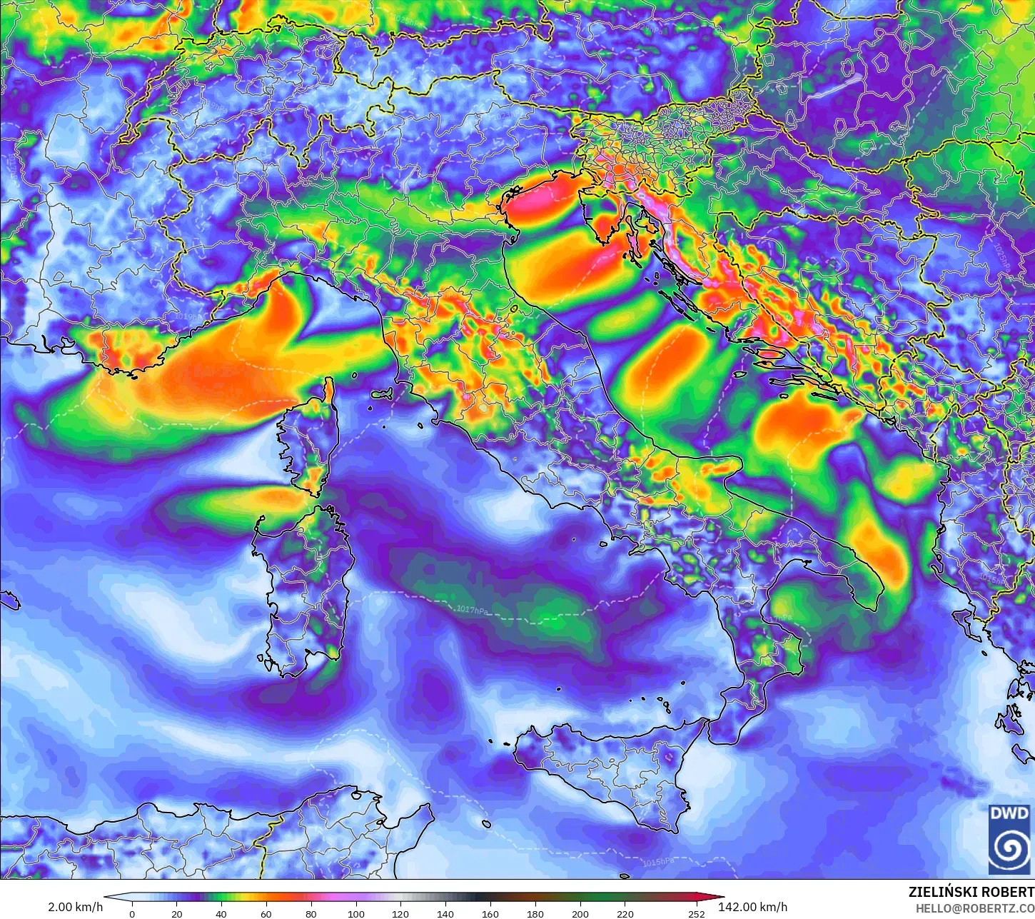 ICON modelo - Itália, Rajadas de Vento Máximas