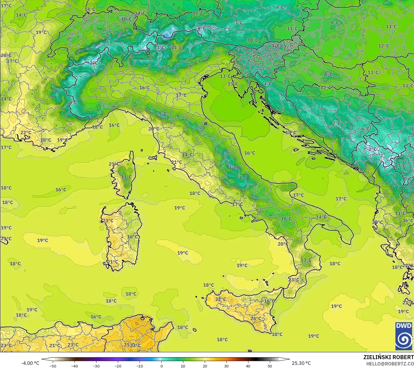 ICON modelo - Itália, Temperatura a 2 m