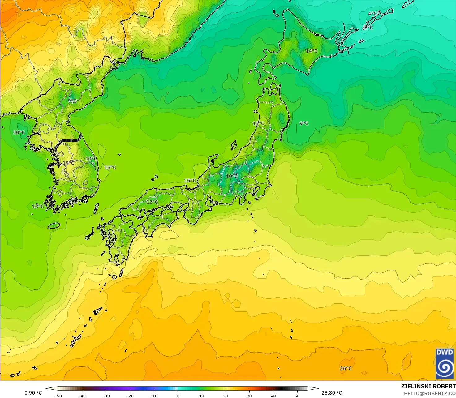 ICON modelo - Japão, Temperatura a 2 m
