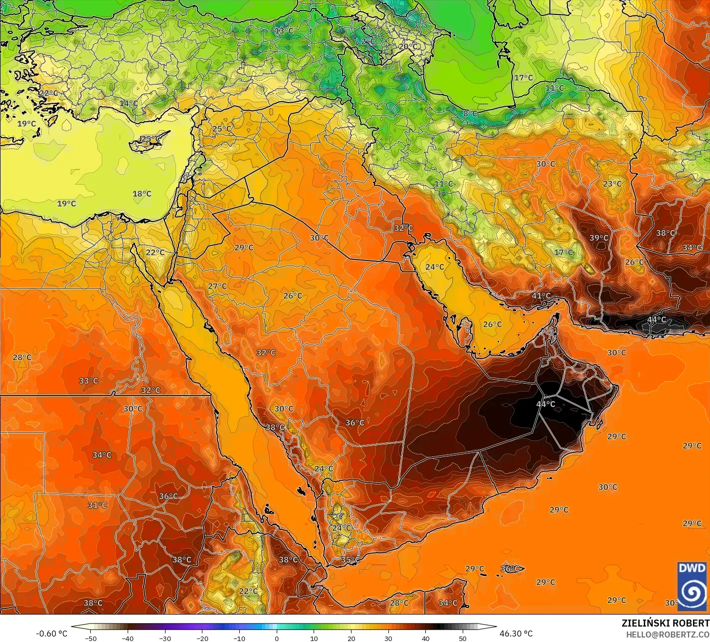 ICON modelo - Oriente Médio, Temperatura a 2 m