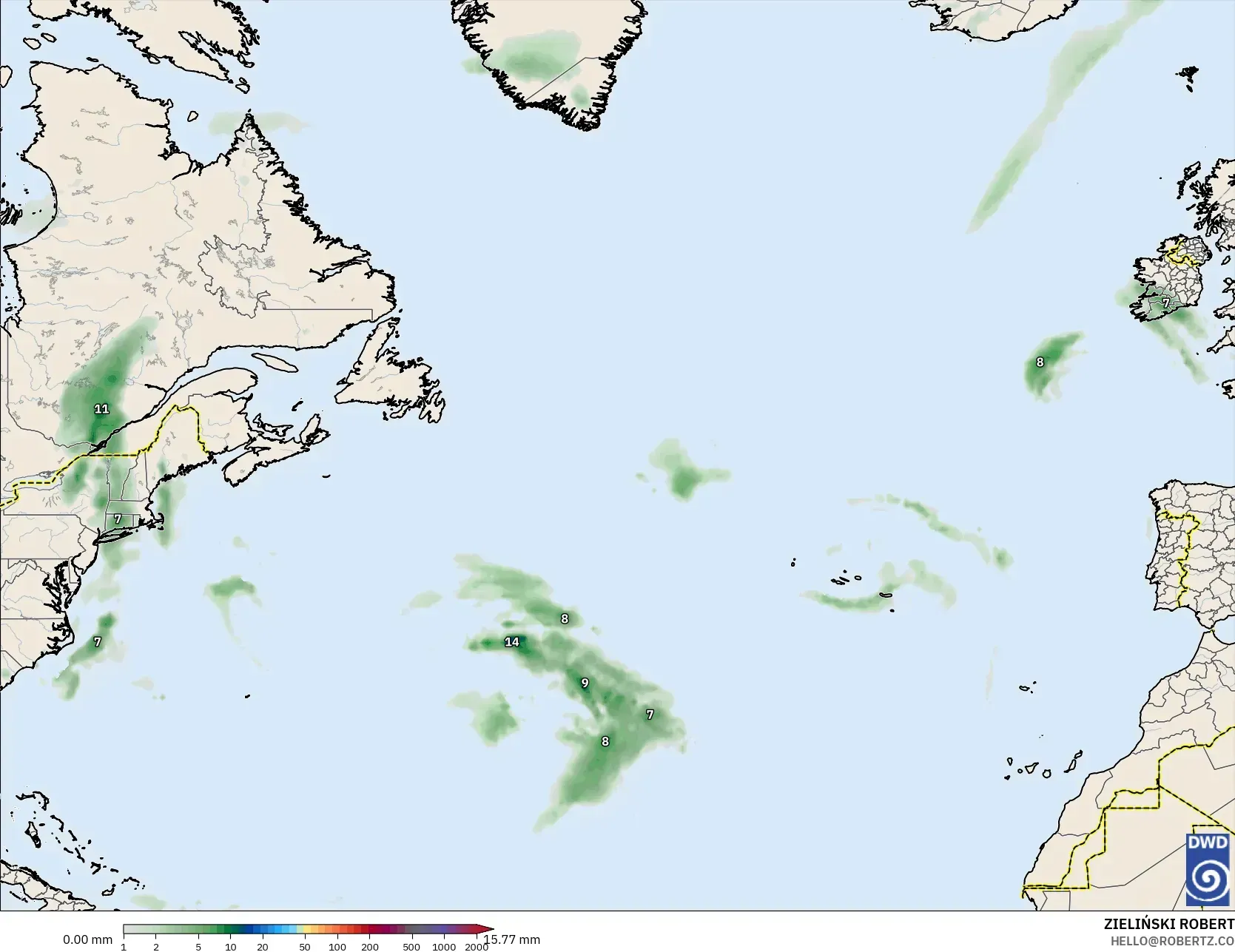 ICON modelo - Atlântico Norte, Acúmulo de precipitação