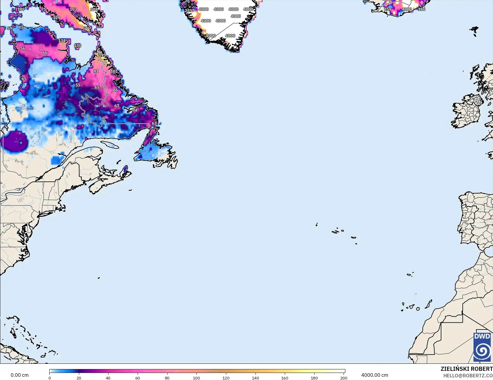 ICON modelo - Atlântico Norte, Profundidade da neve