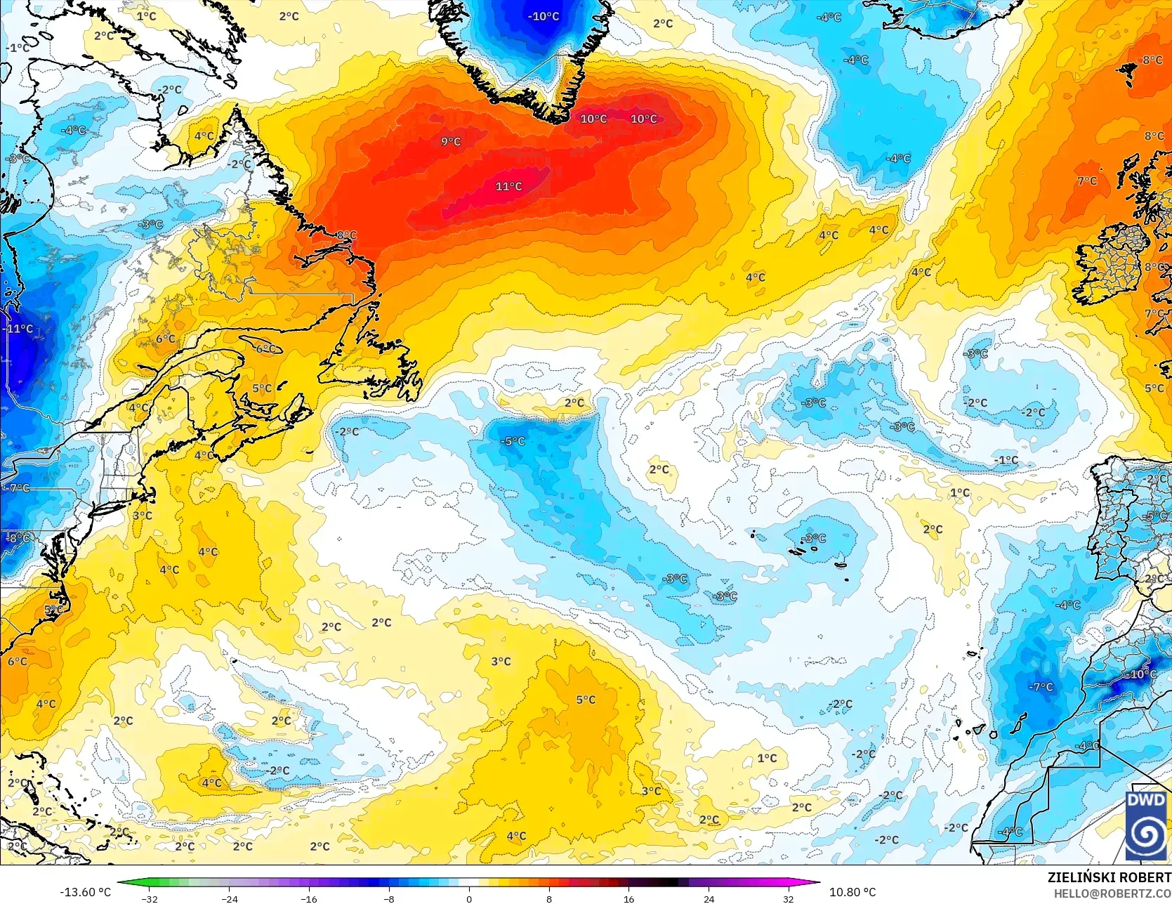 ICON modelo - Atlântico Norte, Anomalia de temperatura a 850 hPa