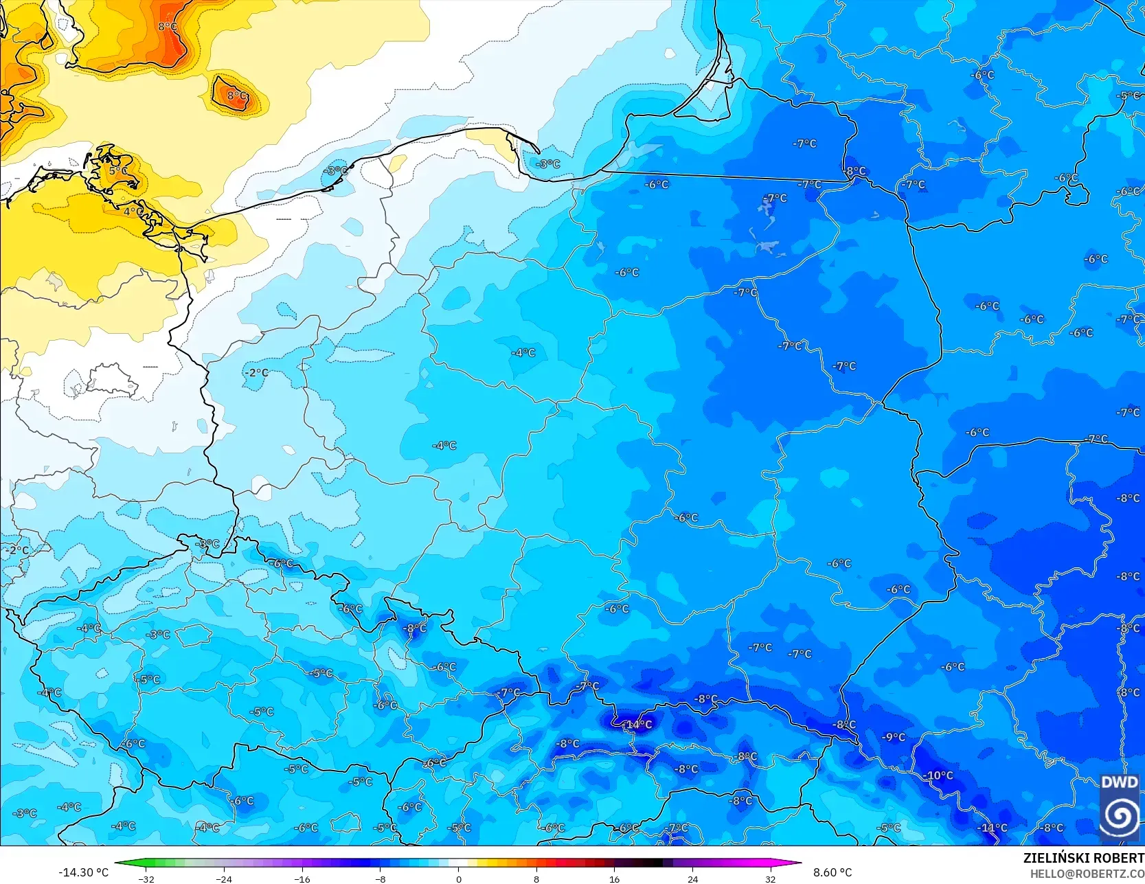 ICON modelo - Polônia, Anomalia de temperatura a 2 m