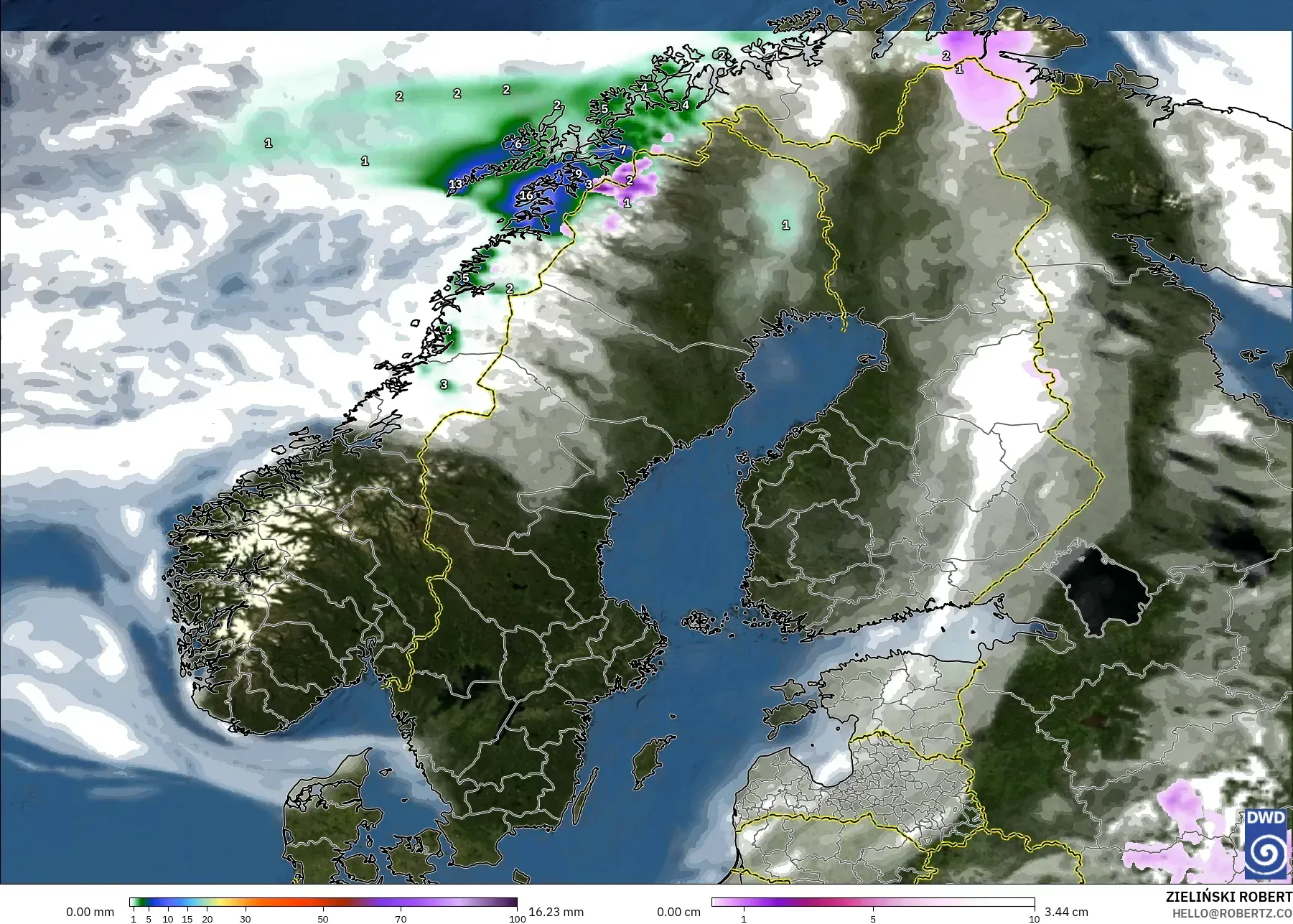 ICON modelo - Escandinávia, Precipitação, nuvens e pressão