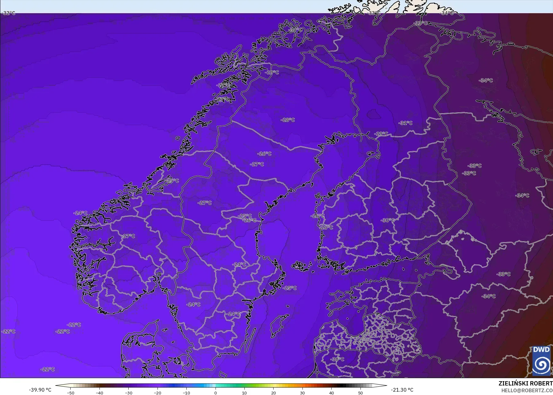 ICON modelo - Escandinávia, Temperatura a 500 hPa
